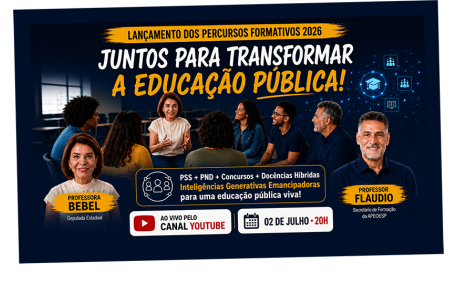 Dia 02 de julho, às 20h, pelo Canal TV APEOESP no YouTube - Live de Lançamento dos PerCursos Formativos 2026 da APEOESP